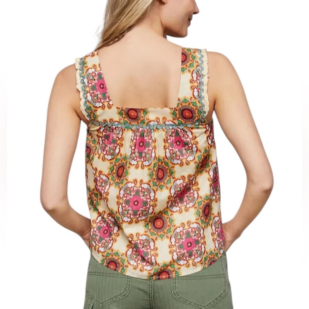 Anthropologie Let Me Be Cotton Abstract Ruffled Tank Top Size 8 - Picture 3 of 11